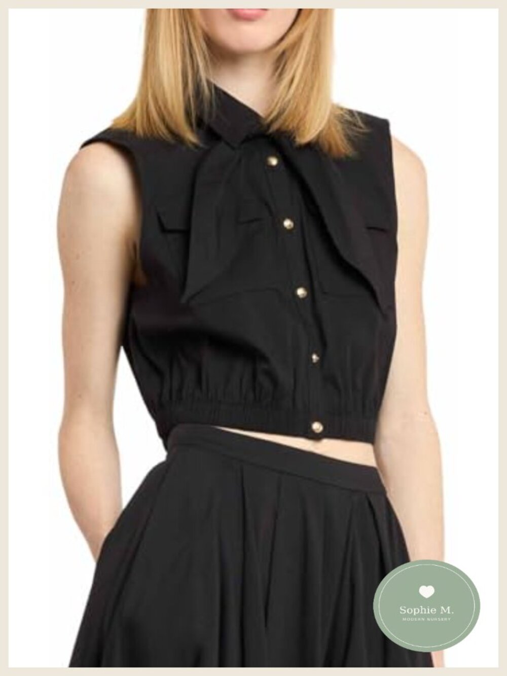 Collared Tie Front Black Crop Blouse Cotton Blend Sleeveless